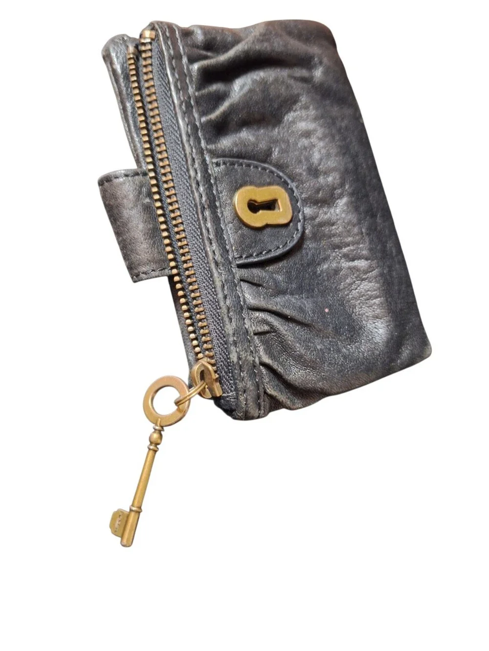 Fossil Black Smooth Leather Double Zip Coin Pouch Wallet Vintage Key Pulls Soft